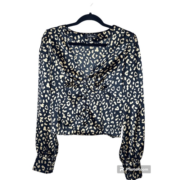 Lulus Tops - Lulu’s Button Down V Neck Long Sleeve Black Gold Satin Blouse Size M